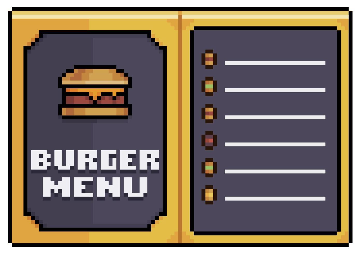 Pixel art burger menu, open paper menu vector icon for 8bit game on white background