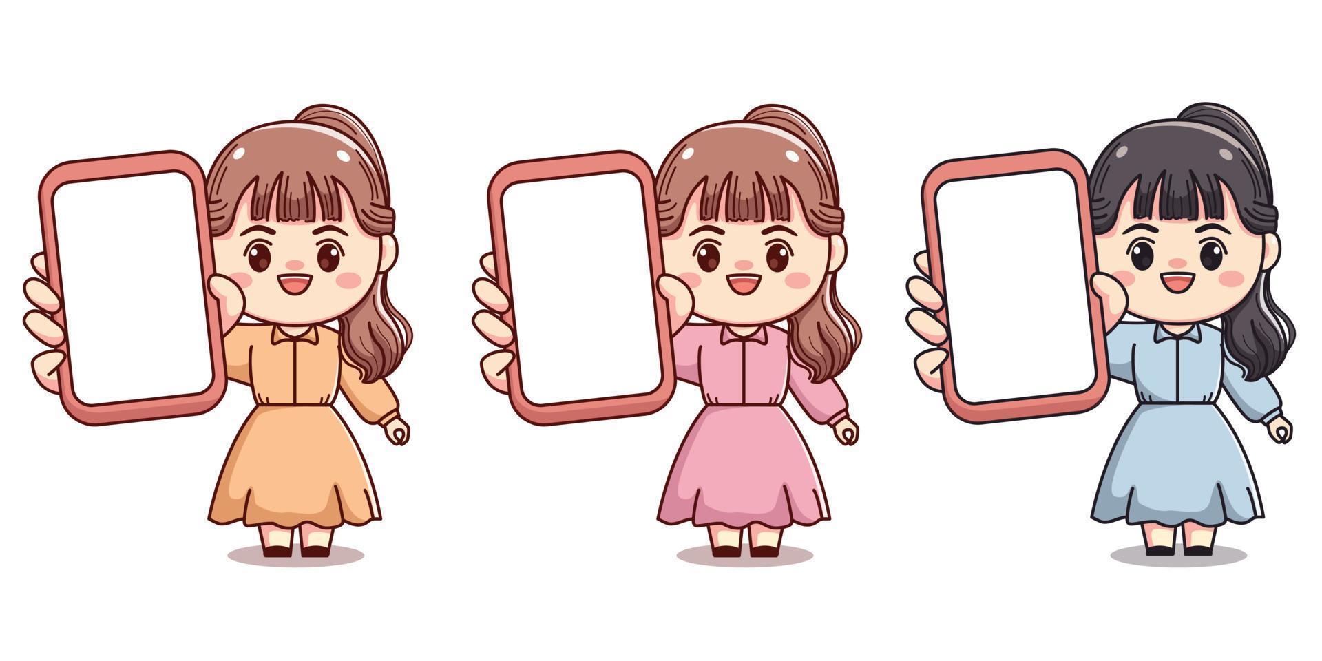 set of cute girl holding phone vector character cartoon illustration