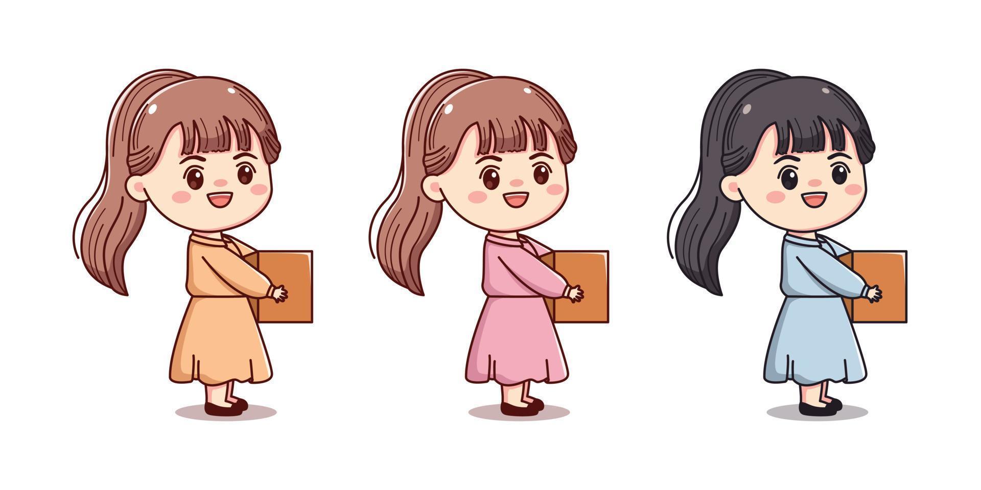 businesswoman with box kawaii chibi character design vector