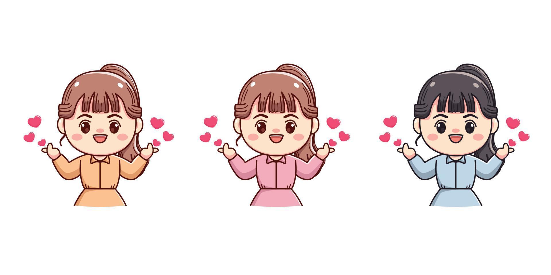 set of cute beautiful girl with love sign mascot outlined vector character cartoon illustration