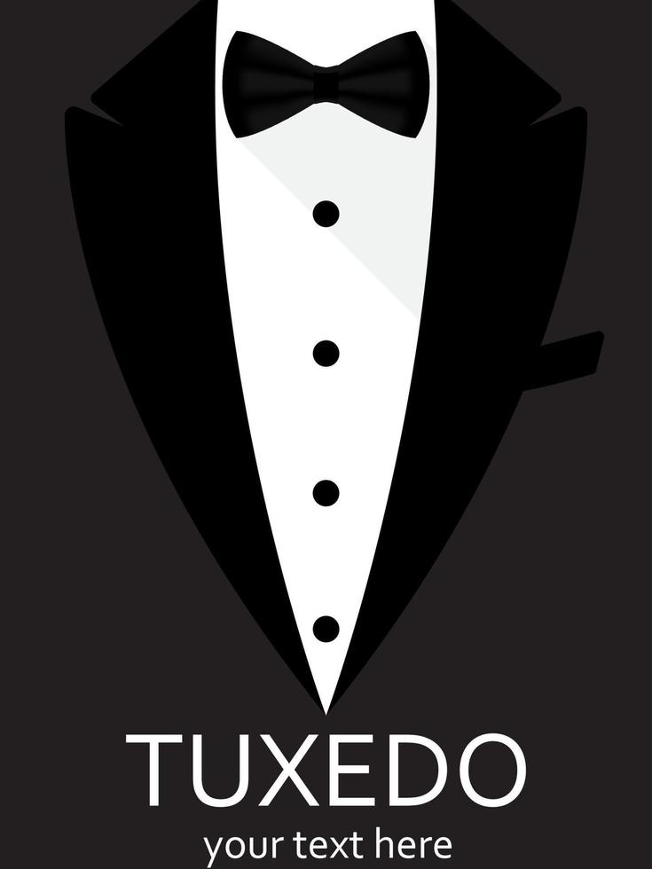 Black and white bow for men. Tuxedo with bow tie. Design for business card, flyer, invitation card, banner, advertisement. Gentleman's Club. Vector illustration