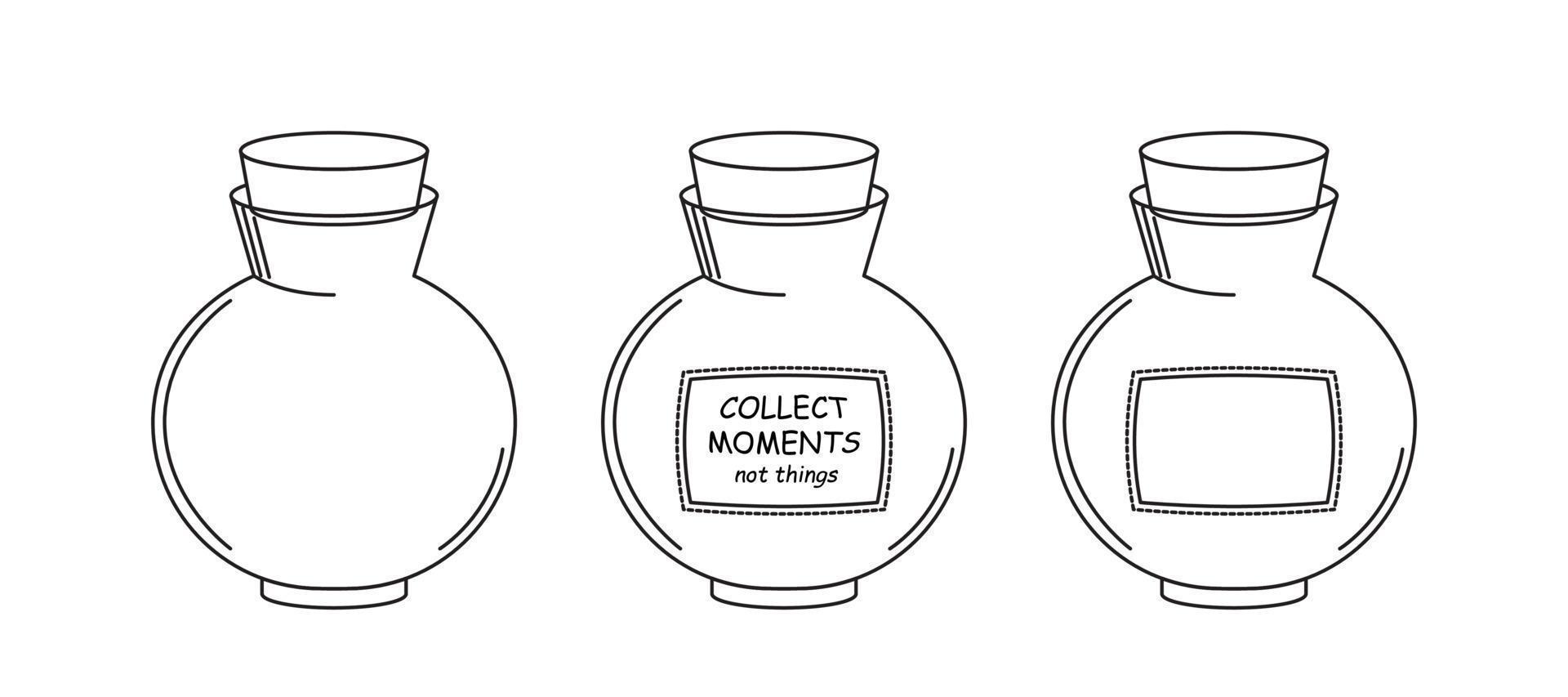 Mason jar Collect moments, not things. Round jar with a cork for canning. An empty jar with a blank label. Vector illustration on white background