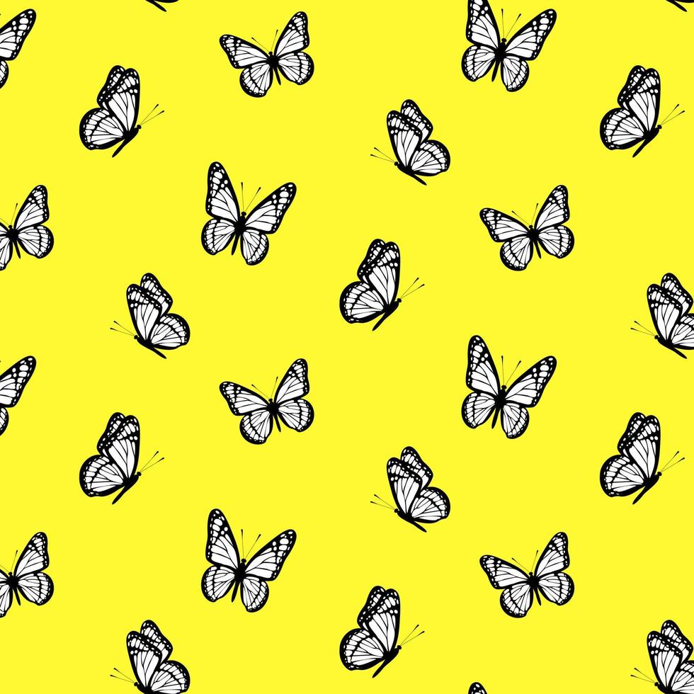 Bright summer seamless pattern with butterflies on yellow background. Design for wrapping paper, fabric, clothing, postcards. Vector illustration.