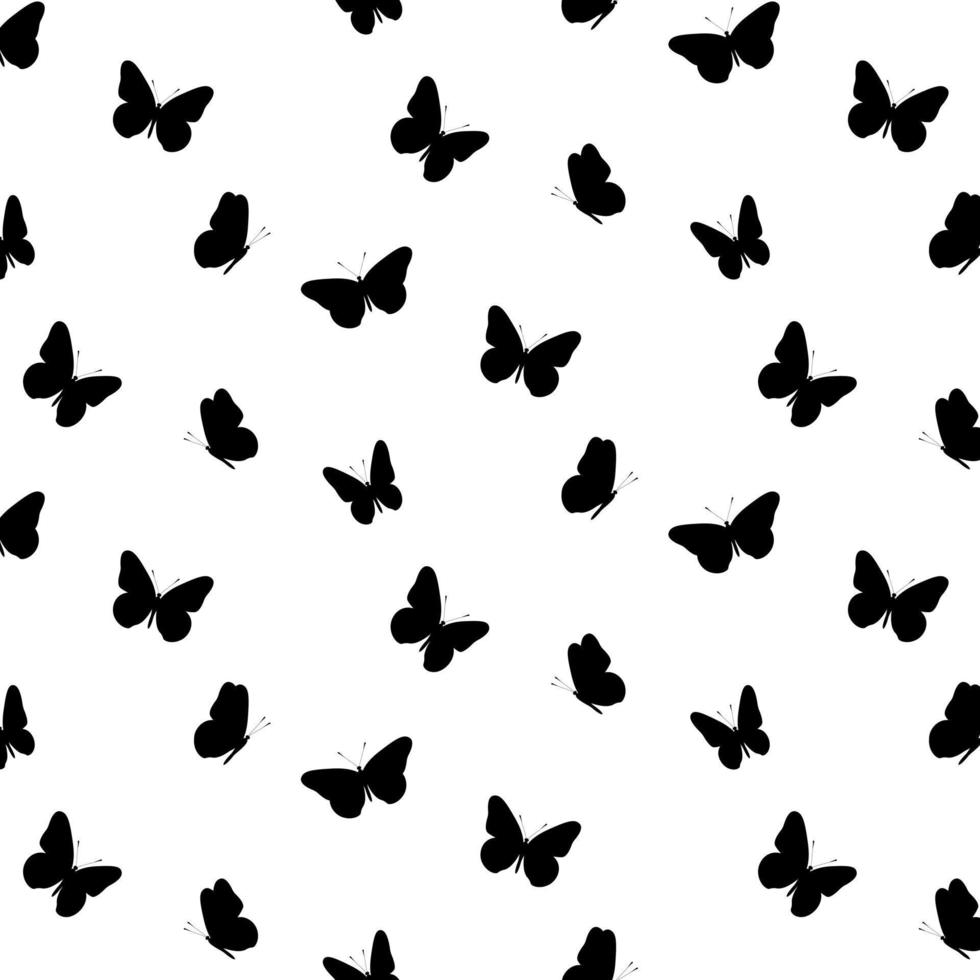 Seamless black and white butterfly silhouette pattern.  Pattern for fabric, wrapping paper, postcards, backdrops, banners. Vector illustration.