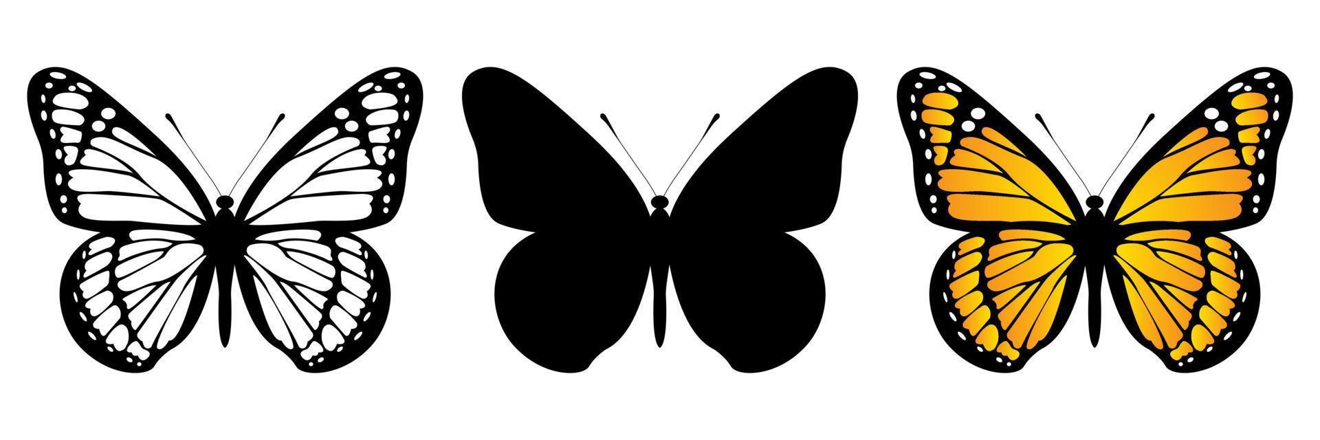 mariposa monarca sobre fondo blanco. conjunto de color, ilustración en blanco y negro y silueta de mariposa. ilustración vectorial vector