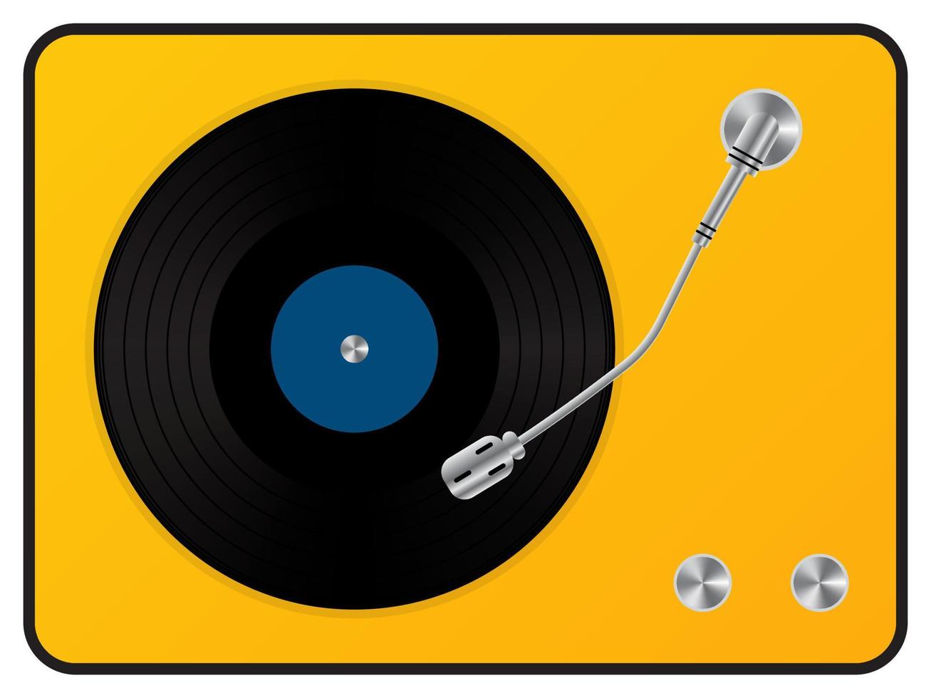 Retro music turntable for vinyl records. Vintage gramophone sound player with black audio disc with turquoise label. Vector realistic 3d illustration on yellow background