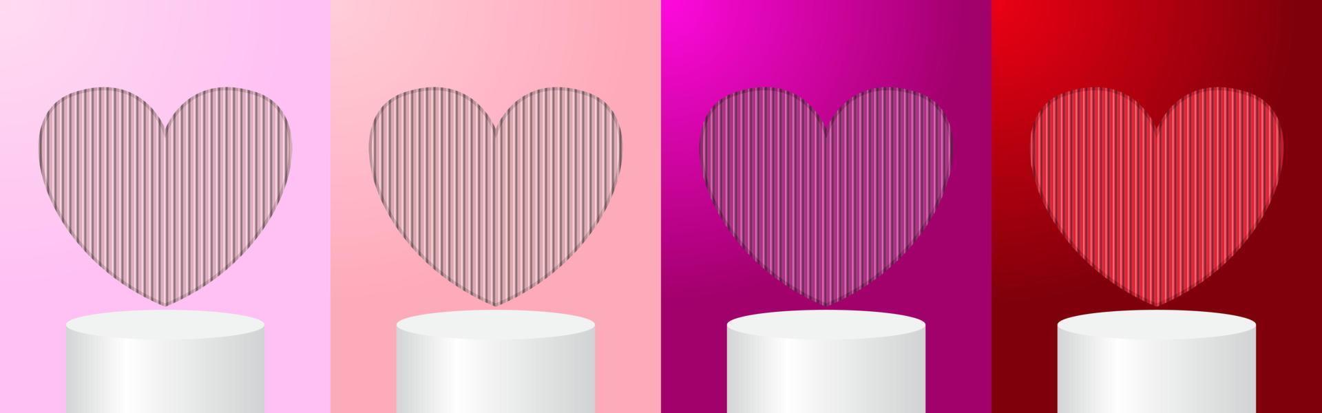 Set of white cylindrical 3D pedestals on a multicolored background. Minimal Happy Valentine's Day scene for product demonstration vector
