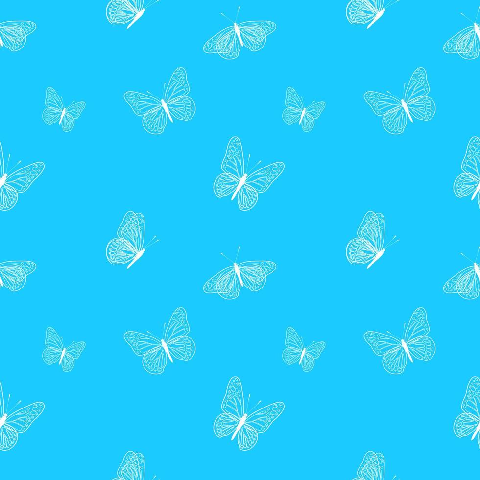 Seamless pattern of white butterflies on blue background. Design for wrapping paper, fabric, postcard, banner. Vector illustration