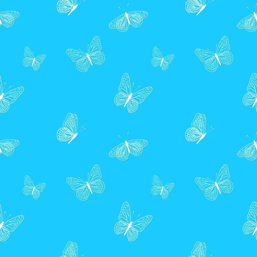 Seamless pattern of white butterflies on blue background. Design for wrapping paper, fabric, postcard, banner. Vector illustration