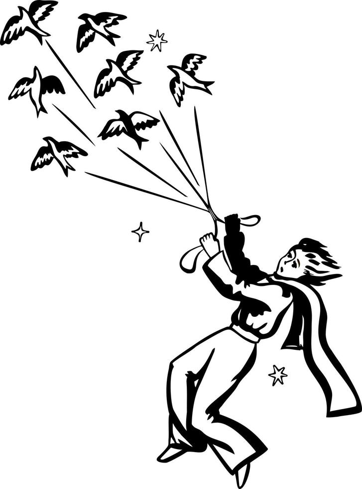 The Little Prince is traveling with the birds on the starry sky. Drawing ink. Vector, Isolate. vector