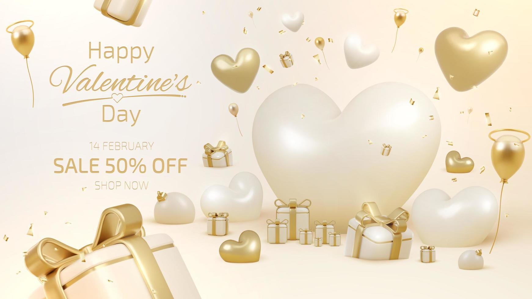 Valentine's day sale banner background with 3d realistic heart shape and gift box elements and balloons and ribbons decorations. Luxury design concept. Vector illustration.