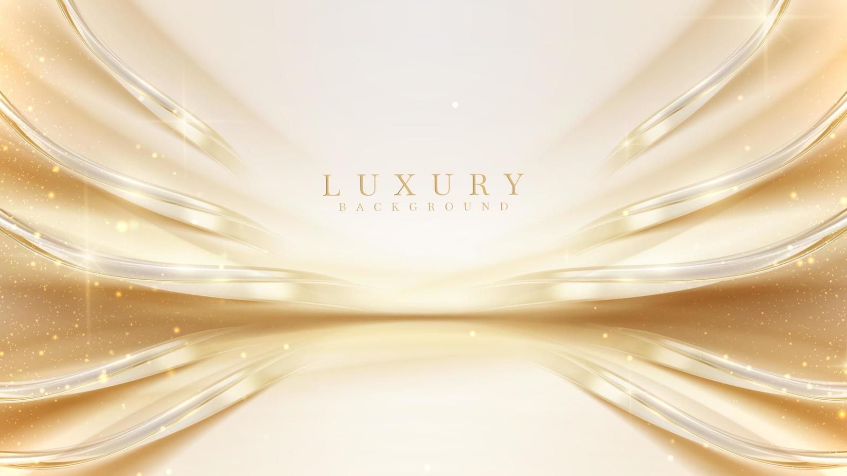 Luxury cream color background with golden line elements and curve light effect decoration and bokeh. vector