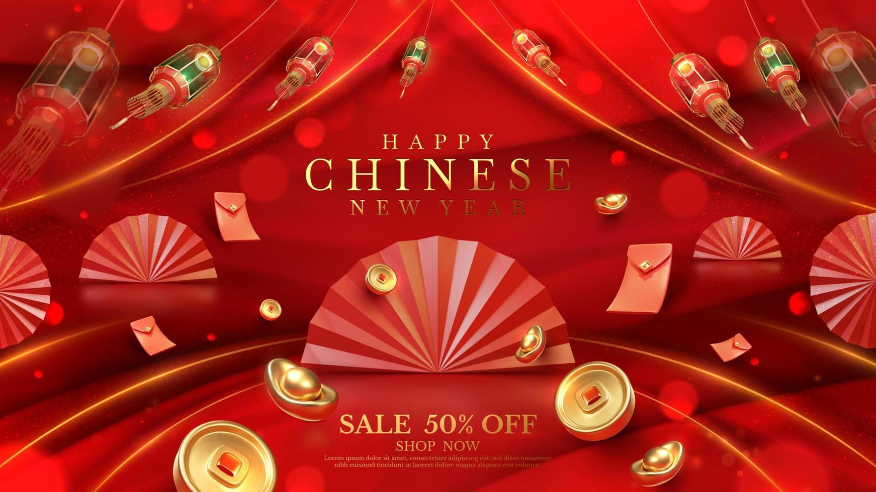 Chinese new year background and lantern elements and gold coin on red light beam effect with money envelope decoration and bokeh. Luxury style design concept. vector