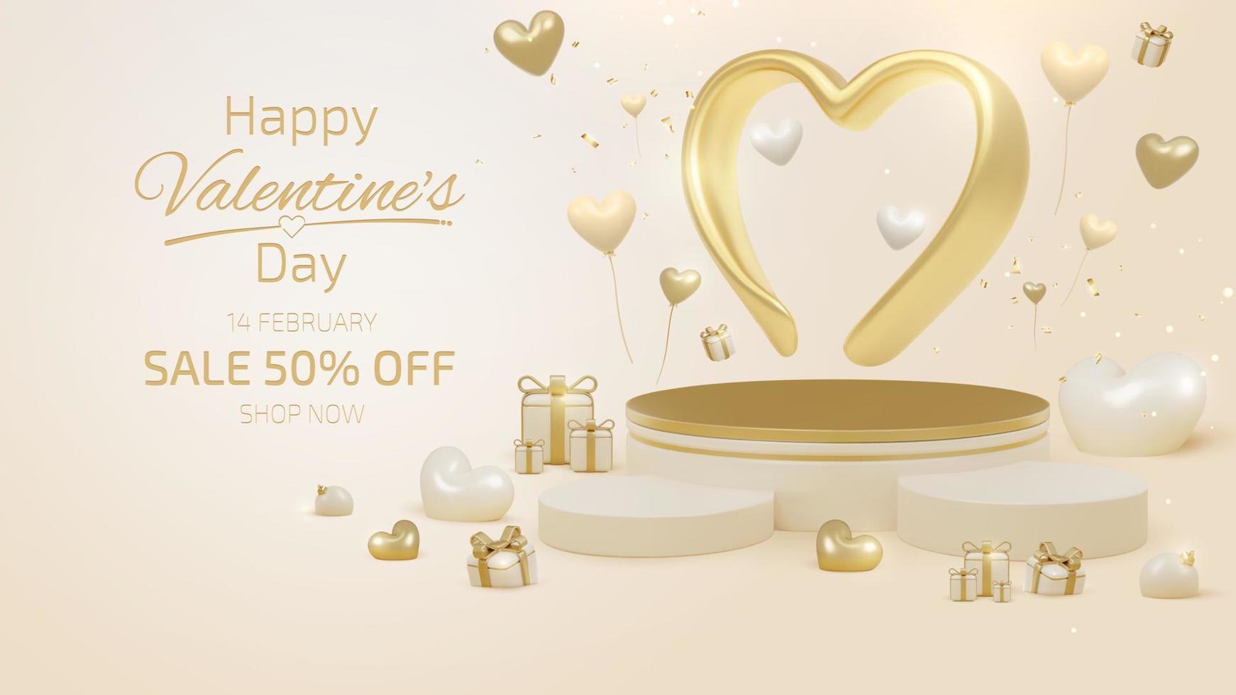 Valentine day sale banner template with 3d heart shape elements and podium for product display and light effect decorations and bokeh. Luxury background concept. Vector illustration.
