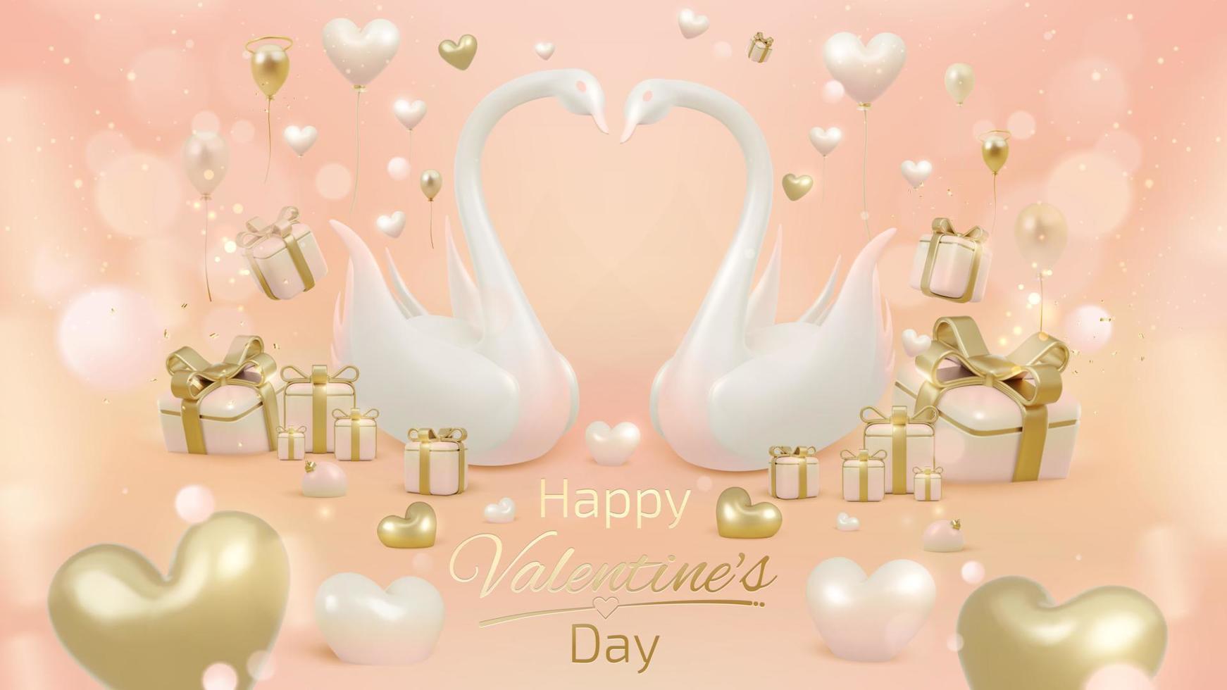 fondo de día de san valentín de estilo lujoso con elementos de pareja de amor de cisne 3d y corazón de oro con decoraciones de caja de regalo y cinta con globos. vector