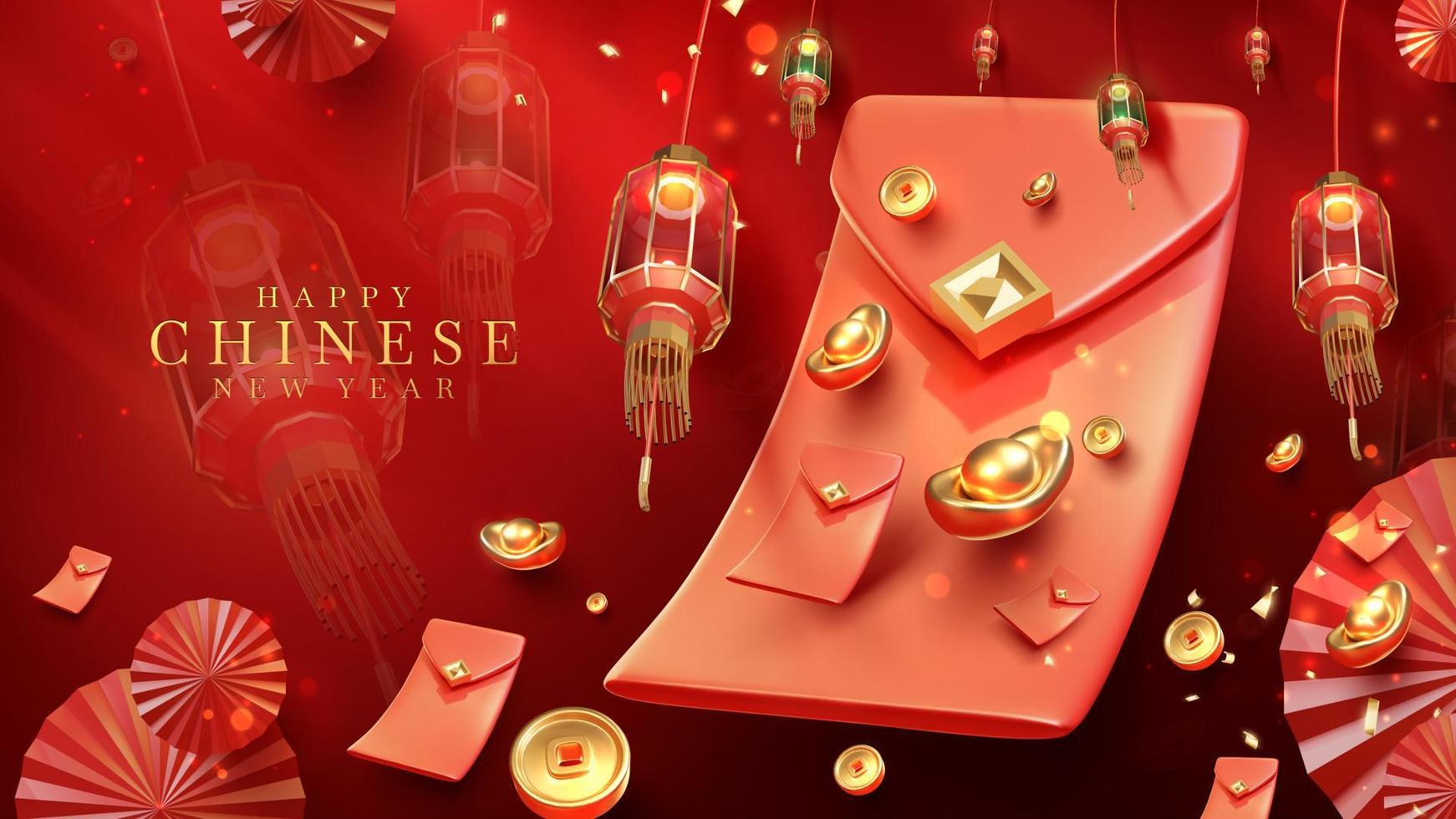 Red luxury style background with 3d realistic chinese new year ornaments with light effect decorations and bokeh. vector