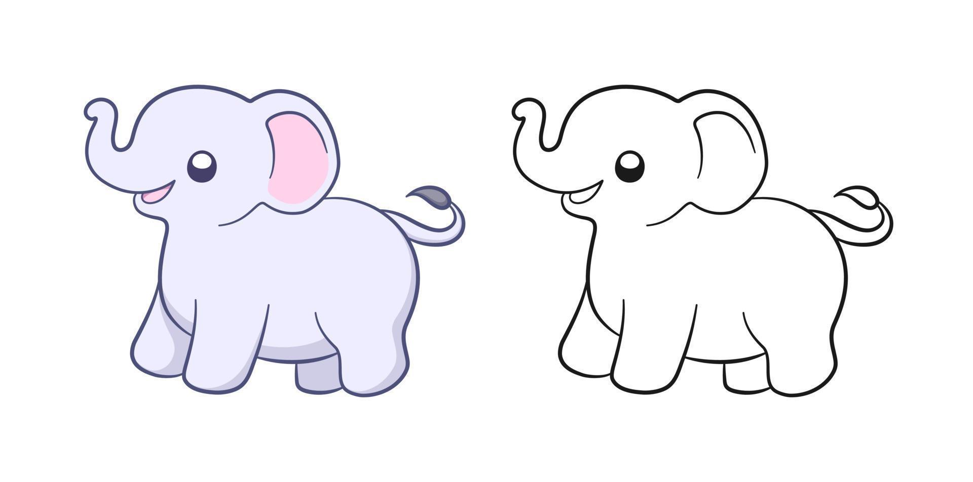 Cute baby elephant cartoon outline illustration set. Easy animal coloring book page activity for kids vector