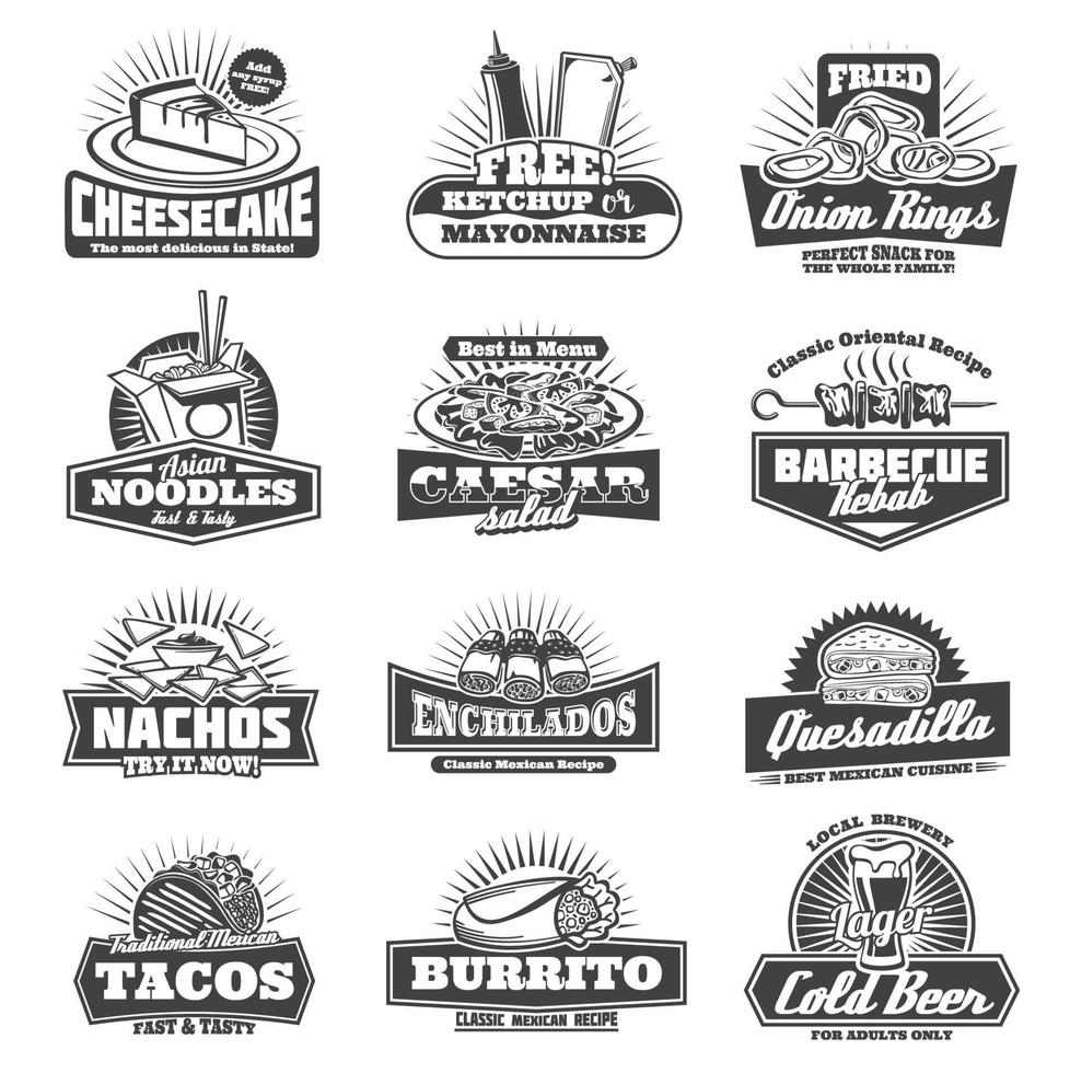 Retro takeaway fastfood vector monochrome icons