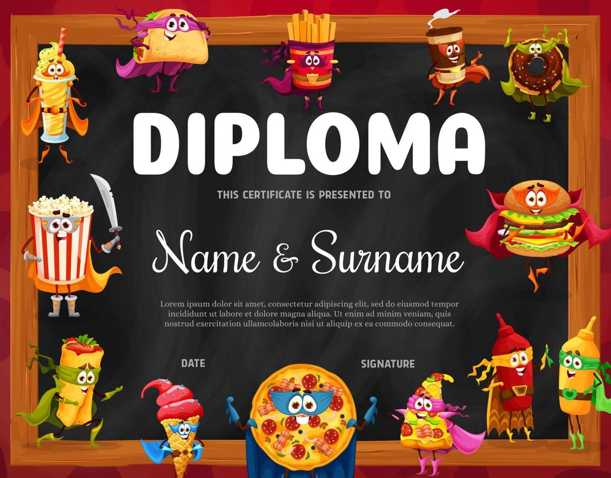 Kids diploma with fast food cafe meals characters vector
