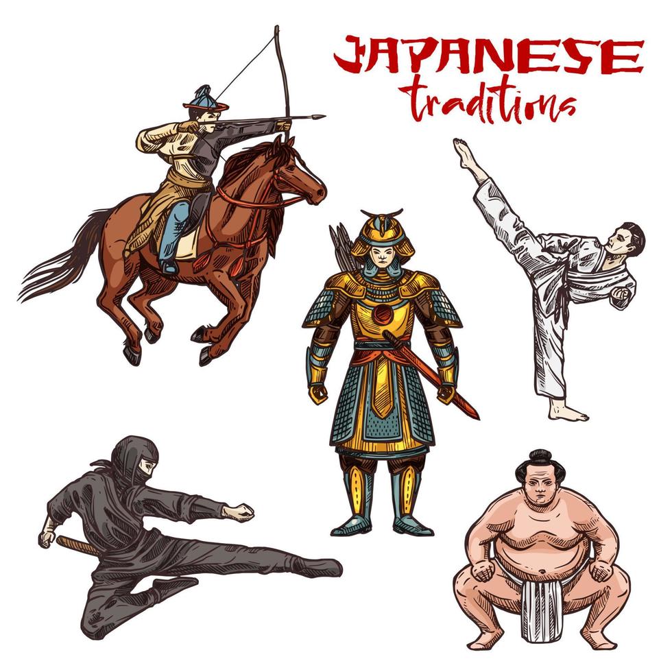 Japanese martial arts sketch warriors or fighters vector