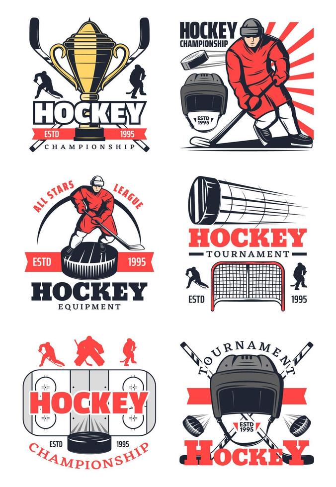 Hockey sport game tournament players icons signs vector