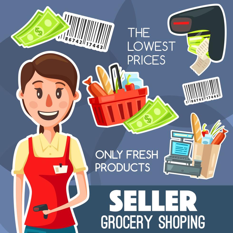 Seller profession or work, grocery shopping poster vector