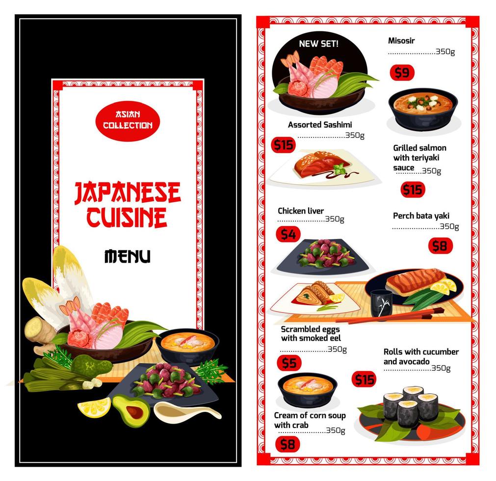 Japanese cuisine menu template with exotic food vector