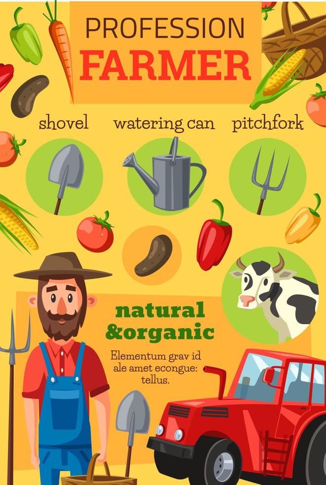 Farmer profession, tools and vegetables vector