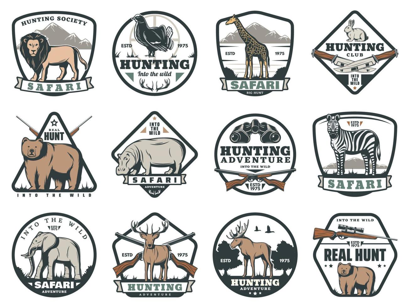 deporte de caza o iconos de aventura de safari, vector