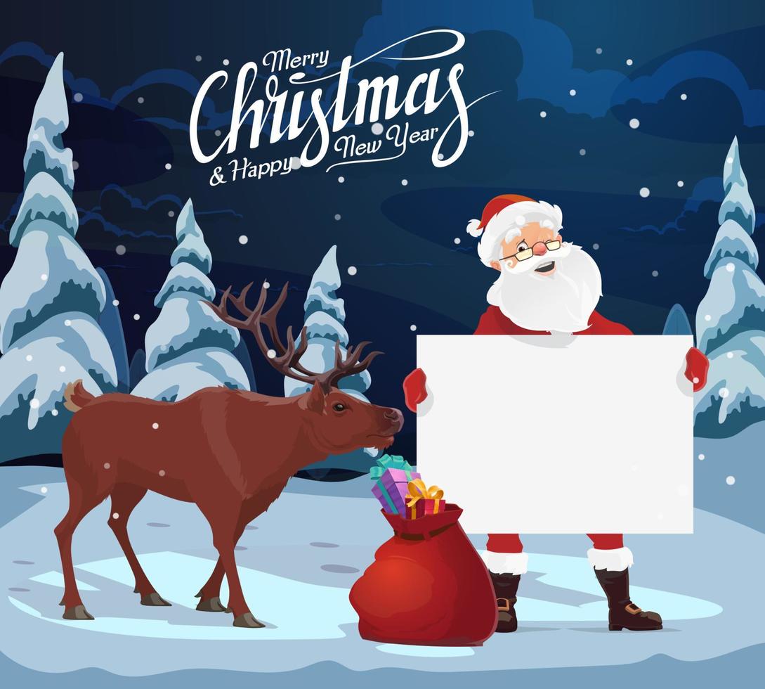 Santa with blank sign, Christmas gifts, reindeer vector