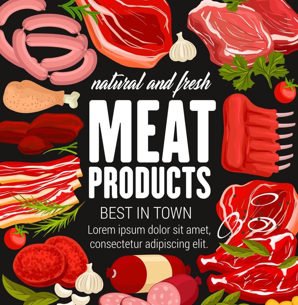 cartel de carnicería con productos cárnicos y embutidos vector