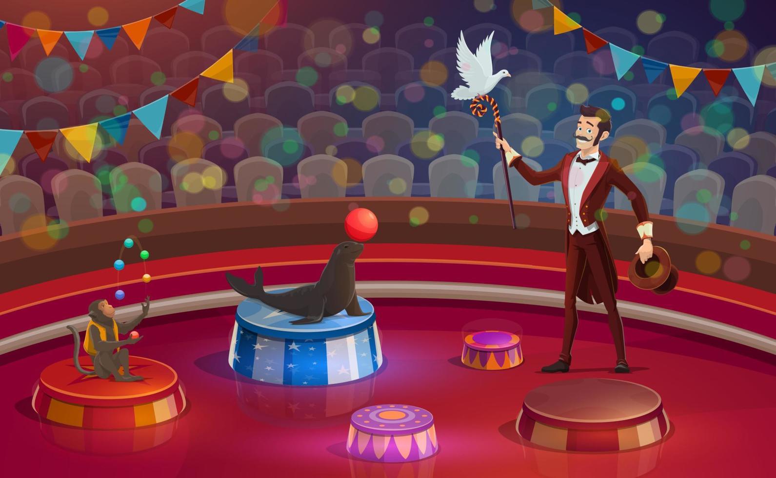 arena de circo, mago o cuidador de animales vector