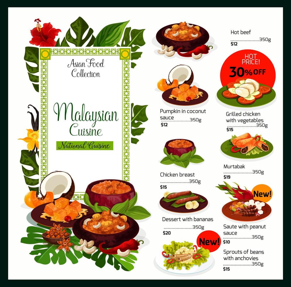 Malaysian cuisine menu, Malaysia food dishes vector