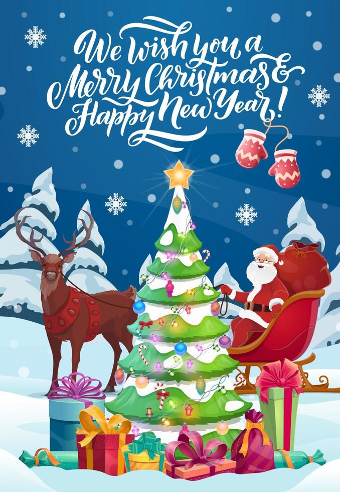 Christmas Santa on sleigh, New Year gifts vector