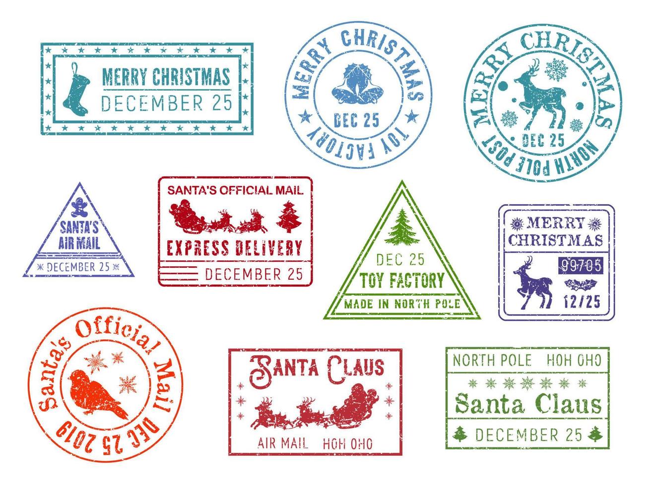 Christmas post, Santa Claus mail stamps vector