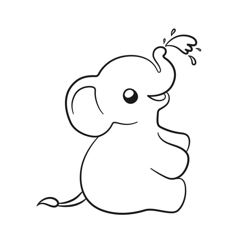 lindo elefante bebé rociando agua con ilustración de contorno de dibujos animados de tronco. actividad fácil de la página del libro para colorear de animales para niños vector