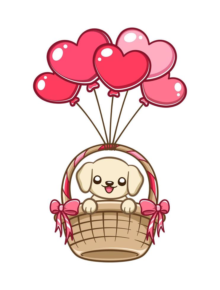 Puppy on floating basket with heart balloons cartoon illustration. vector