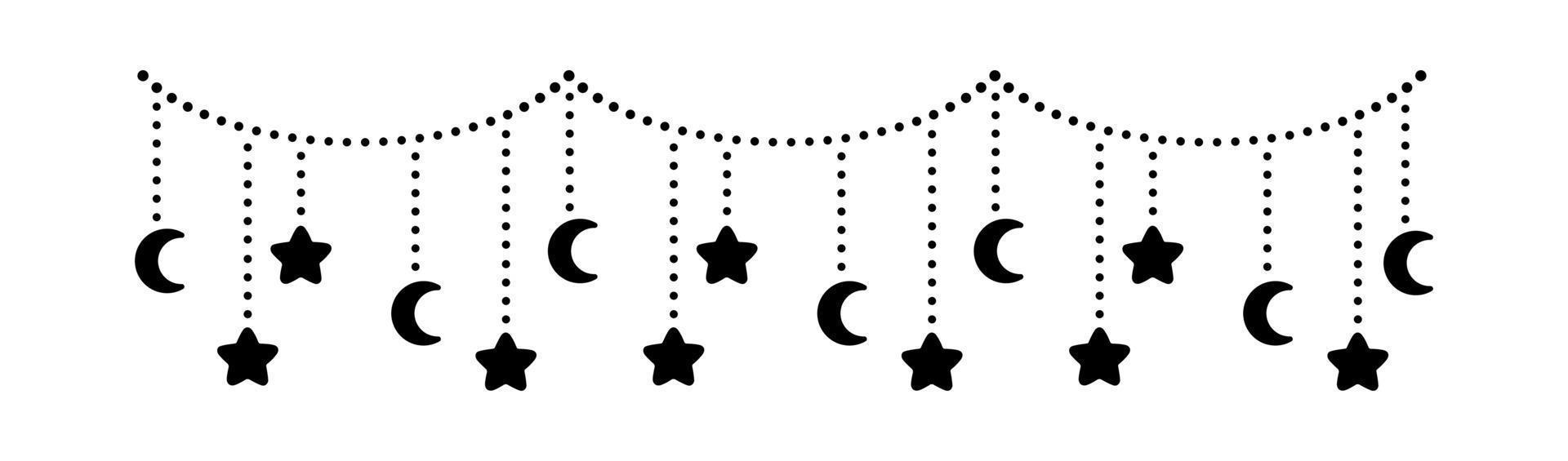 Moon and stars lights dangling bunting garland silhouette vector