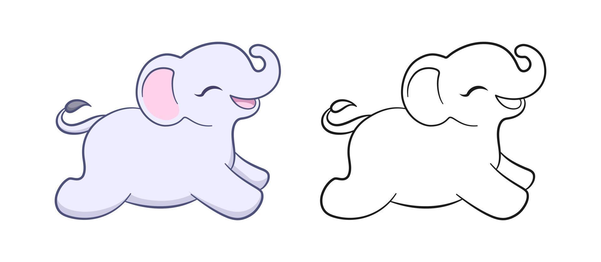 Cute running happy baby elephant cartoon outline illustration set. Easy animal coloring book page activity for kids vector