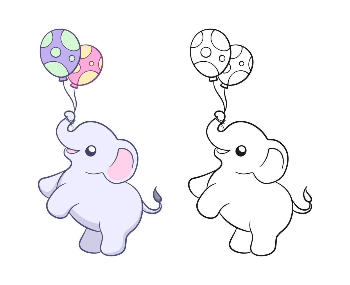 Cute baby elephant holding balloons with trunk cartoon outline illustration set. Easy animal coloring book page activity for kids vector