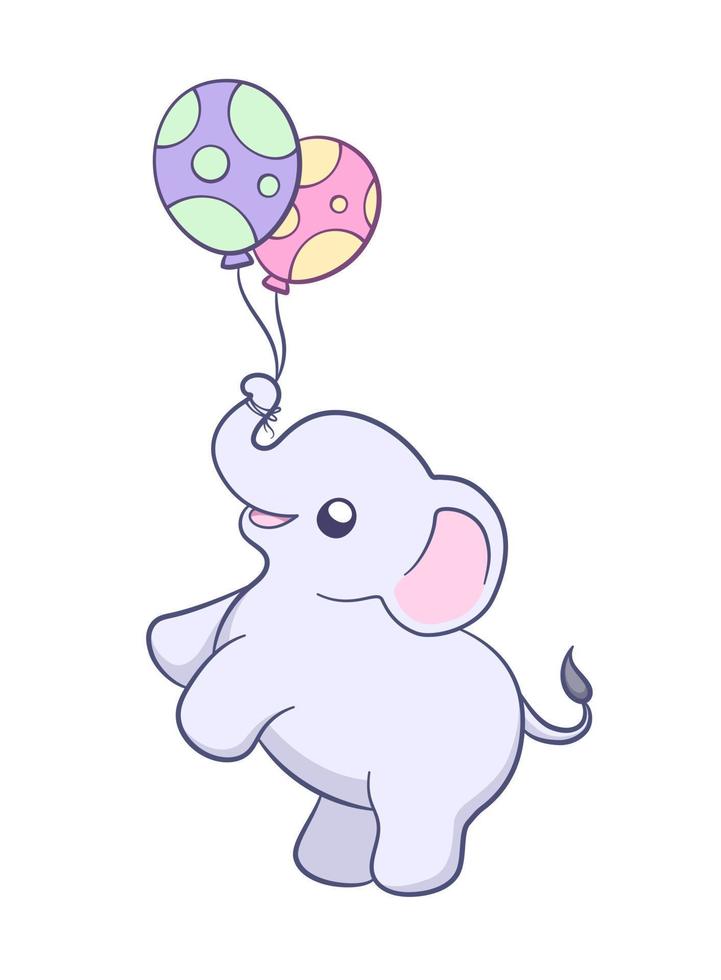 Cute baby elephant holding balloons cartoon illustration. Animal mammal with big ears and trunk clipart for kids. vector