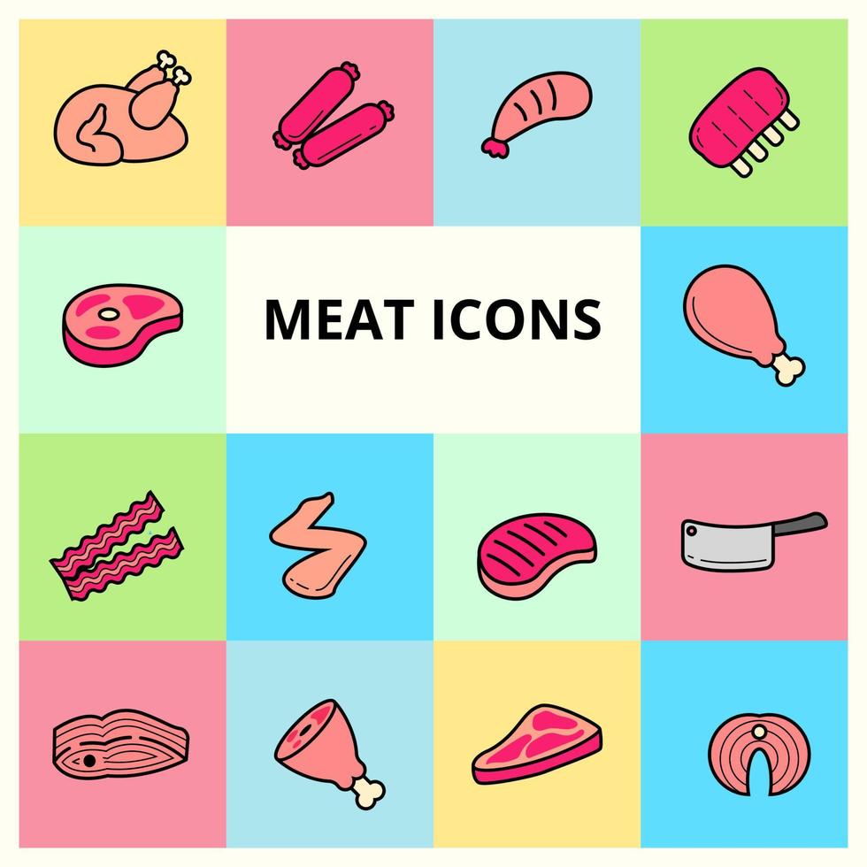 conjunto de iconos de carne con estilo de color lineal. Ilustración de vector de carnes con diseño colorido