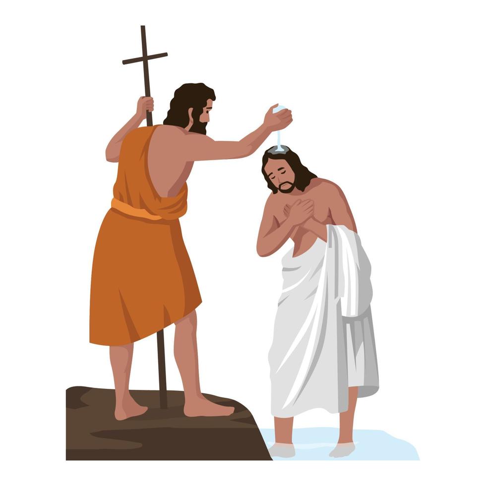 cristianismo, religión, concepto bíblico. bautismo bendicion de jesucristo hijo de dios mesias profeta en el agua del rio jordan por juan bautista descendiendo espiritu santo. Serie religiosa bíblica del nuevo testamento. vector