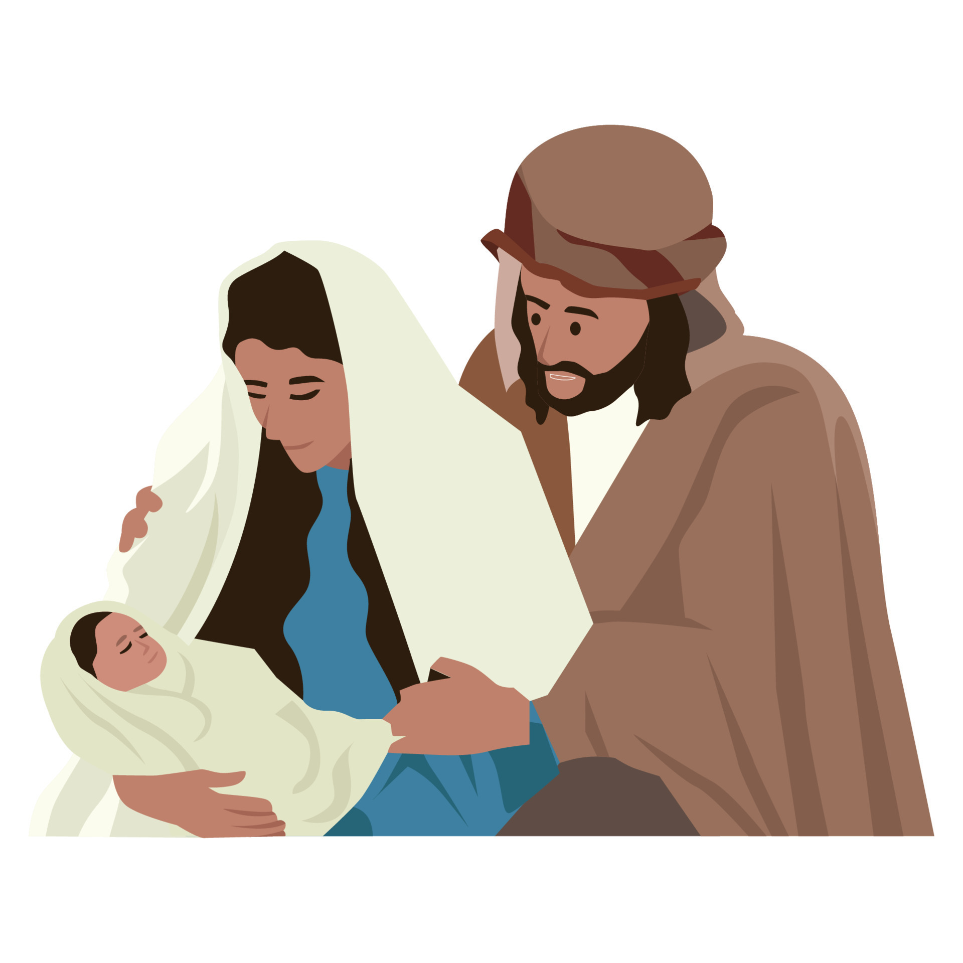 Christmas nativity scene of Joseph and Mary holding baby Jesus. Flat