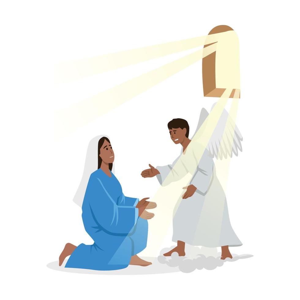 Annunciation, religion, bible, christianity concept. Catholic orthodox holiday illustration. Angel biblical religious character archangel Gabriel appearing to virgin Mary and carrying Gospel from God. vector