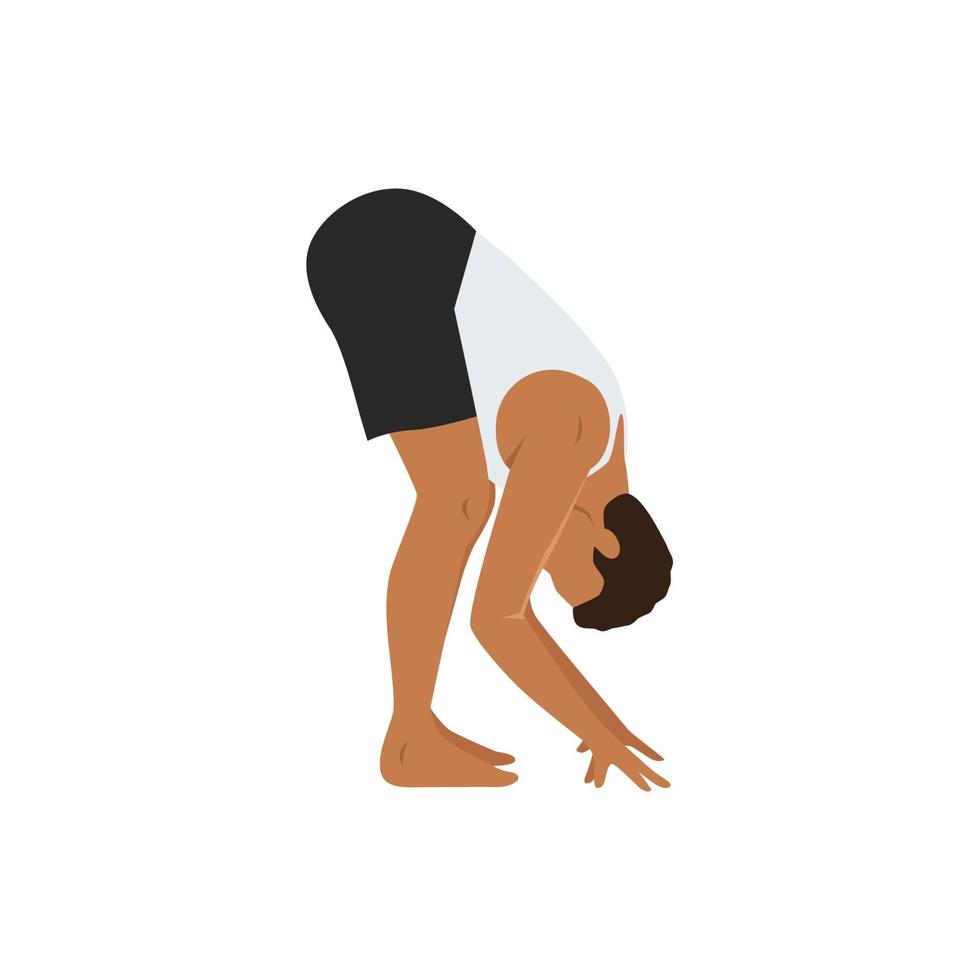 Man doing standing forward bend pose uttanasana exercise. Flat vector ...