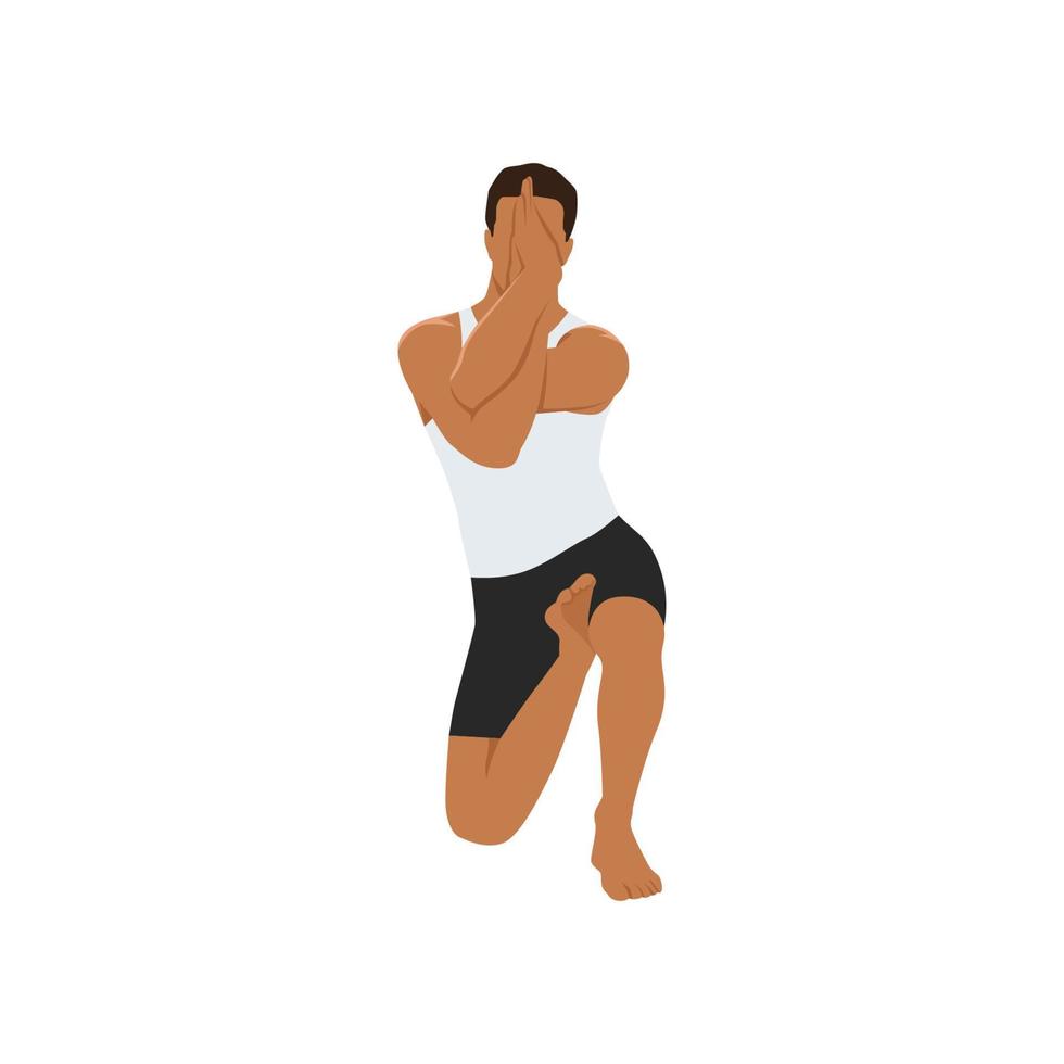 hombre haciendo pose de cara de caballo. practicar vatayanasana. ilustración vectorial plana aislada sobre fondo blanco vector