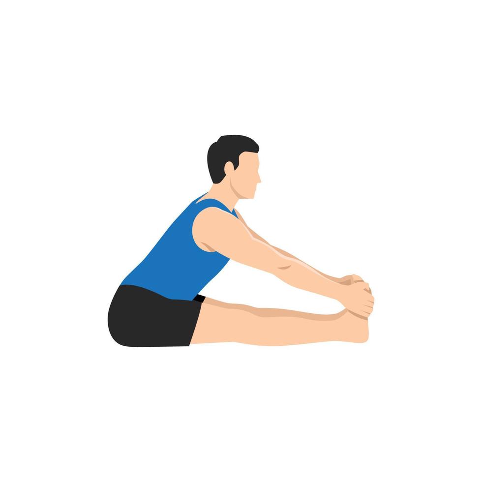 Man doing Staff Hand To Big Toe Pose I. Practice Padangustha Dandasana I. Flat vector illustration isolated on white background