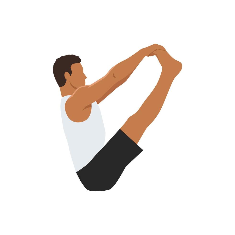 Man doing Both Big Toe Pose, Double Toe Hold, Balancing Stick Pose, Dronasana. Practice Ubhaya Padangusthasana. Flat vector illustration isolated on white background