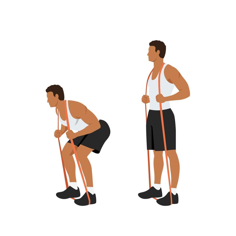 Man doing Good morning resistance band exercise for backside workout. Flat vector illustration isolated on white background